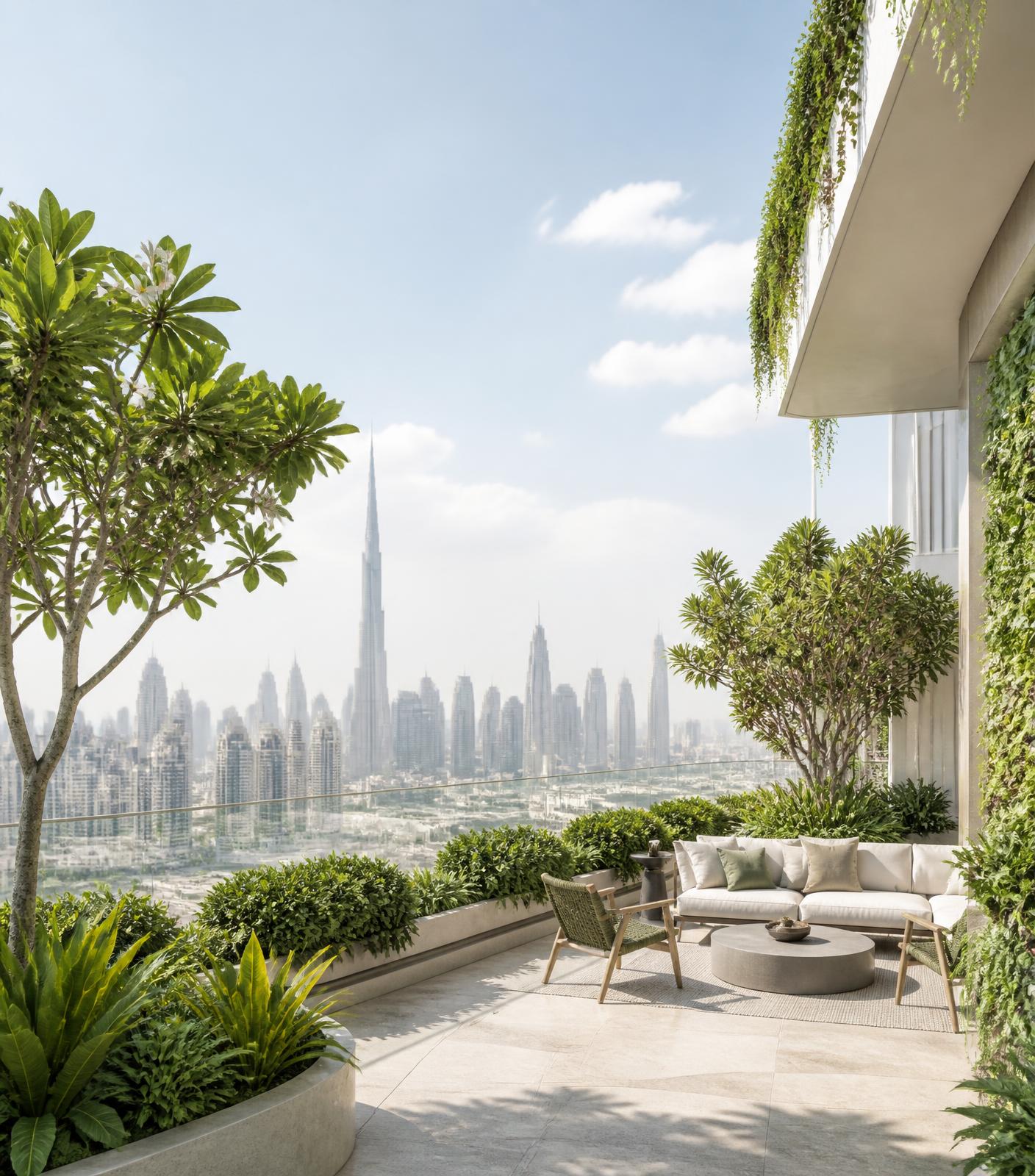 Rooftop garden terrace overlooking the Dubai skyline