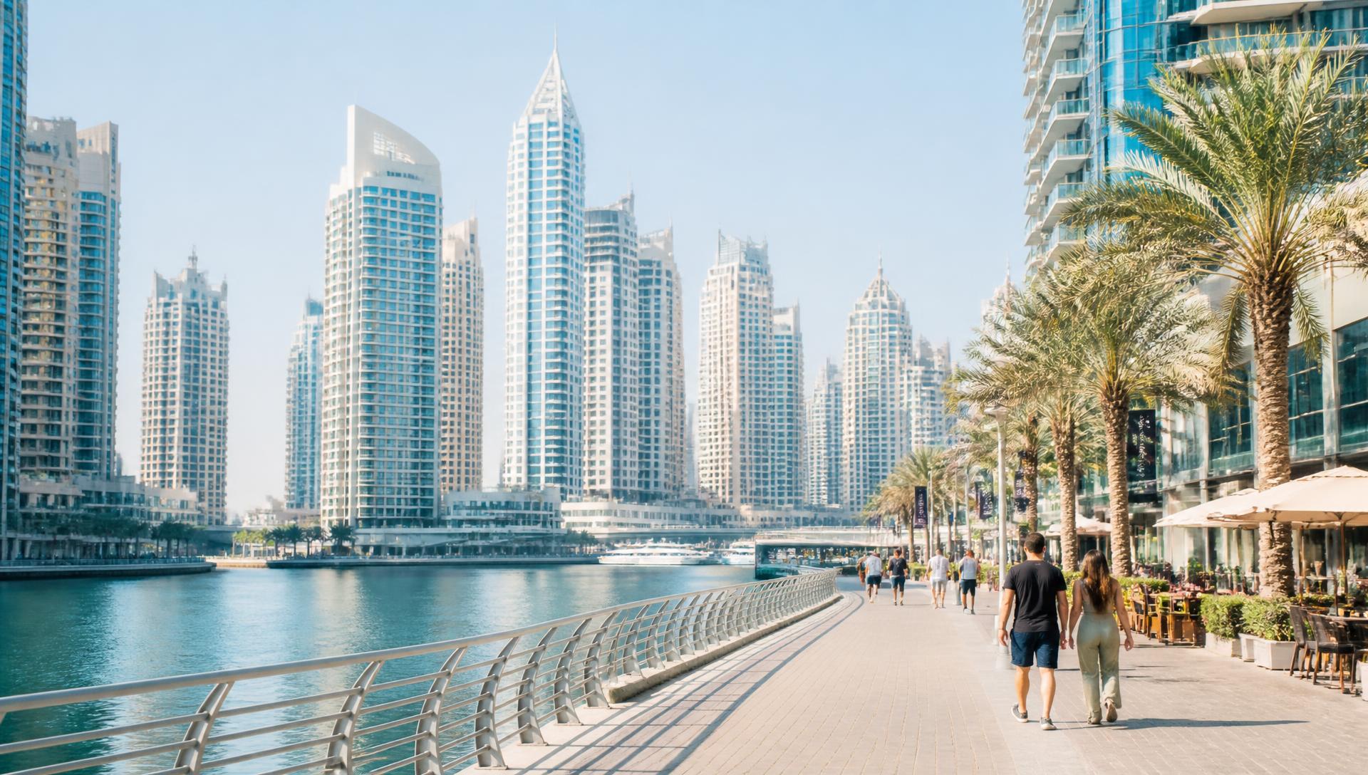 Waterfront promenade in Dubai Marina on a bright, clear day